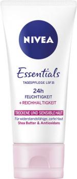 Nivea Essentials Tagespflege 24h Feuchtigkeit + Reichhaltigkeit, LSF 15, für trockene und sensible Haut, 50ml