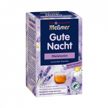 Meßmer Gute Nacht Lavendel­ Kamille, Melatonin, Kraeutertee, Teebeutel im Kuvert, 2. Entnahmefach displaytauglich, 32g